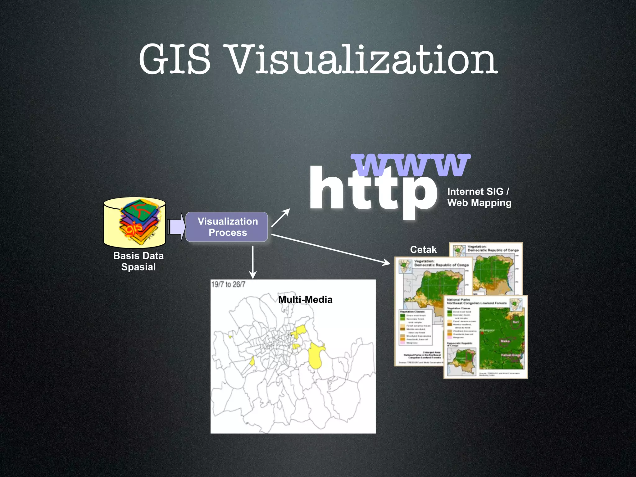 GIS Visualization

                                           www
             Visualization
               Process
                                  http              Internet SIG /
                                                    Web Mapping



                                            Cetak
Basis Data
 Spasial


                             Multi-Media
 