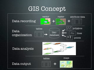 GIS Concept
                          vector          raster         attribute data

Data recording                       +             +
                                                       . .
                 tables                            .         polygons
Data                                 Geo-                       lines
organization                       database
                                                   ..
                                                    .         points




Data analysis

                          tables               maps

Data output                           +
 