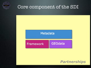 Core component of the SDI




          Metadata


   Framework    GEOdata




                     Partnerships
 