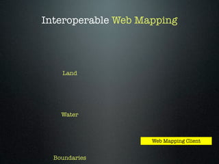 Interoperable Web Mapping




    Land




    Water



                    Web Mapping Client


  Boundaries
 