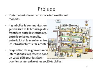 Prélude
12
• L’internet est devenu un espace informationnel
mondial.
• Il symbolise la communication
généralisée et le brouillage des
frontières entre les territoires,
entre le privé et le public,
entre la loi et le marché, entre
les infrastructures et les contenus.
• La question de sa gouvernance
internationale représente donc
un vaste défi pour les États,
pour le secteur privé et les sociétés civiles
 