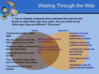 Wading Through the Web <ul><li>Anyone can publish a Web page </li></ul><ul><li>No one checks to see if the information is ...