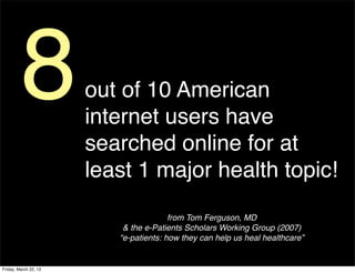 8             out of 10 American
                       internet users have
                       searched online for at
                       least 1 major health topic!
                                        from Tom Ferguson, MD
                           & the e-Patients Scholars Working Group (2007)
                          “e-patients: how they can help us heal healthcare”


Friday, March 22, 13
 