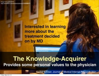 Image from carbonNYC
http://www.ﬂickr.com/photos/carbonnyc/3440688097/




                                       Interested in learning
                                       more about the
                                       treatment decided
                                       on by MD



                       The Knowledge-Acquirer
     Provides some personal values to the physician
                                                    Gerber & Eiser, Journal of Medical Internet Research 2001
Friday, March 22, 13
 