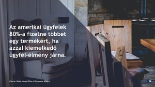 Az amerikai ügyfelek
80%-a fizetne többet
egy termékért, ha
azzal kiemelkedő
ügyfél-élmény járna.
(Forrás: White House Office of Consumer Affairs)
 