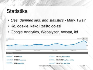 Statistika
●   Lies, damned lies, and statistics - Mark Twain
●   Ko, odakle, kako i zašto dolazi
●   Google Analytics, Webalyzer, Awstat, itd




                     www.mmilan.com            14
 