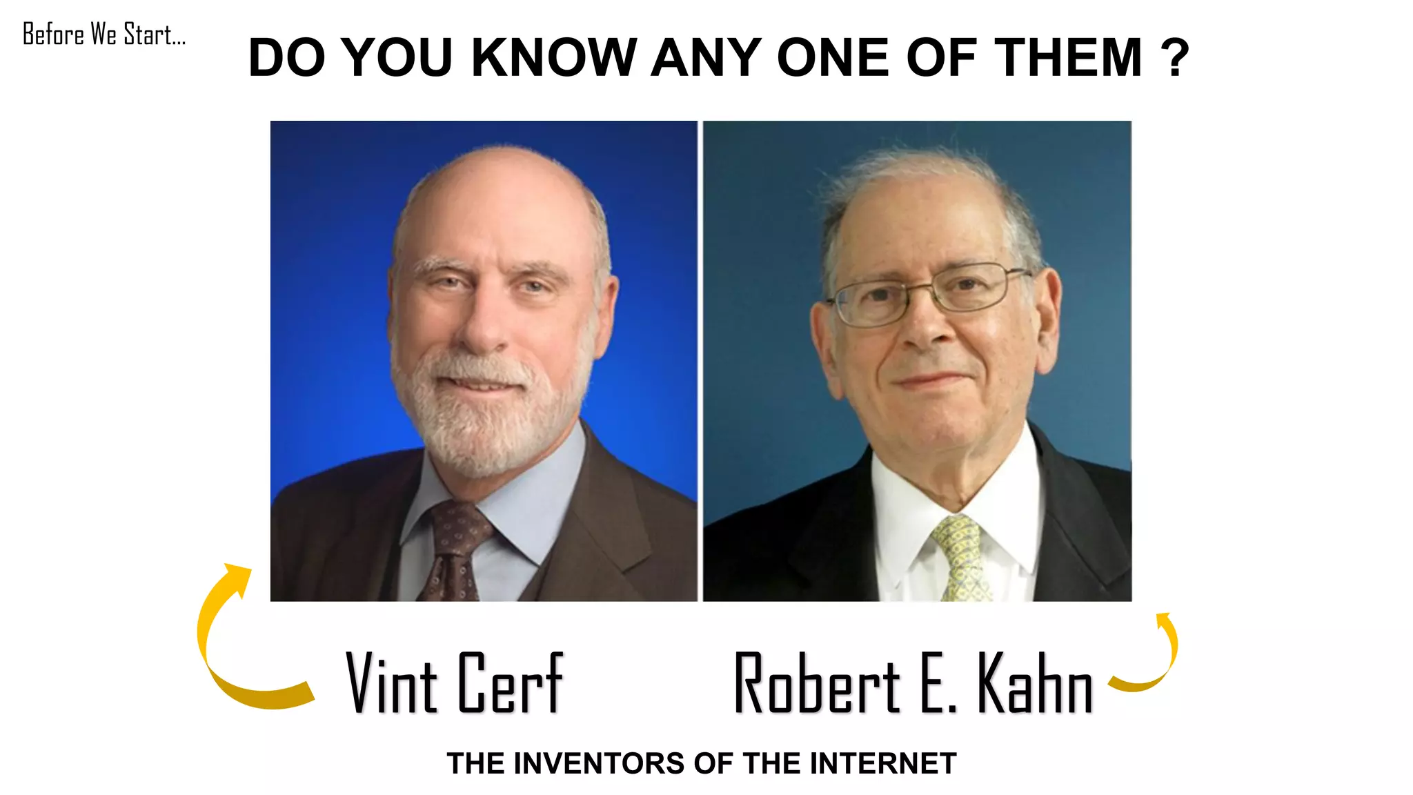 Before We Start…
DO YOU KNOW ANY ONE OF THEM ?
Vint Cerf Robert E. Kahn
THE INVENTORS OF THE INTERNET