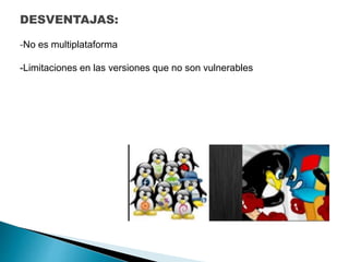 DESVENTAJAS:
-No es multiplataforma
-Limitaciones en las versiones que no son vulnerables
 