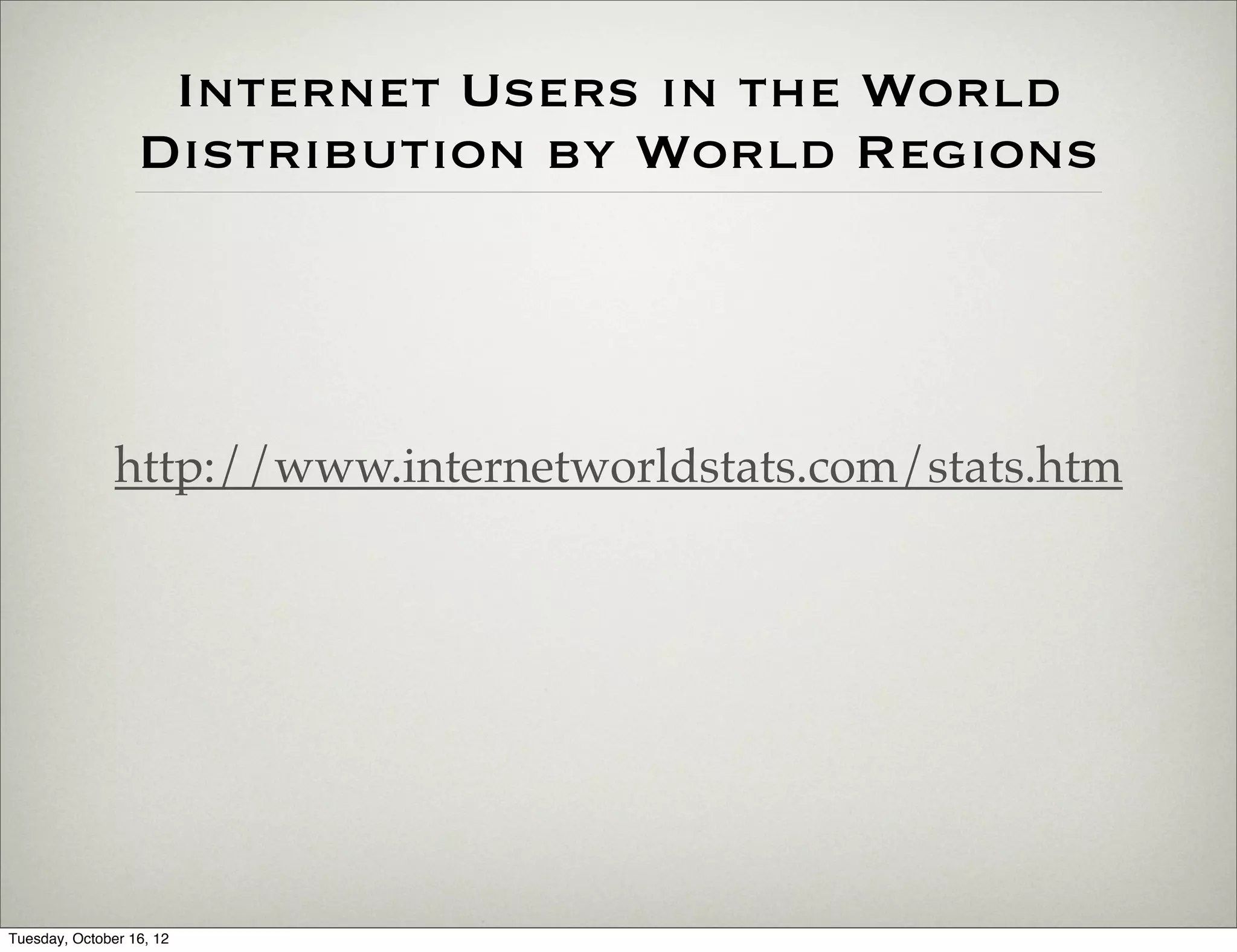 Internet Users in the World
                  Distribution by World Regions




               http://www.internetworldstats.com/stats.htm




Tuesday, October 16, 12
 