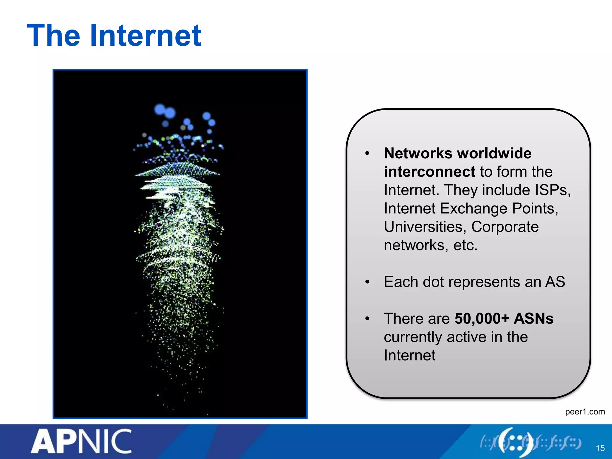 The Internet
15
• Networks worldwide
interconnect to form the
Internet. They include ISPs,
Internet Exchange Points,
Universities, Corporate
networks, etc.
• Each dot represents an AS
• There are 50,000+ ASNs
currently active in the
Internet
peer1.com
 