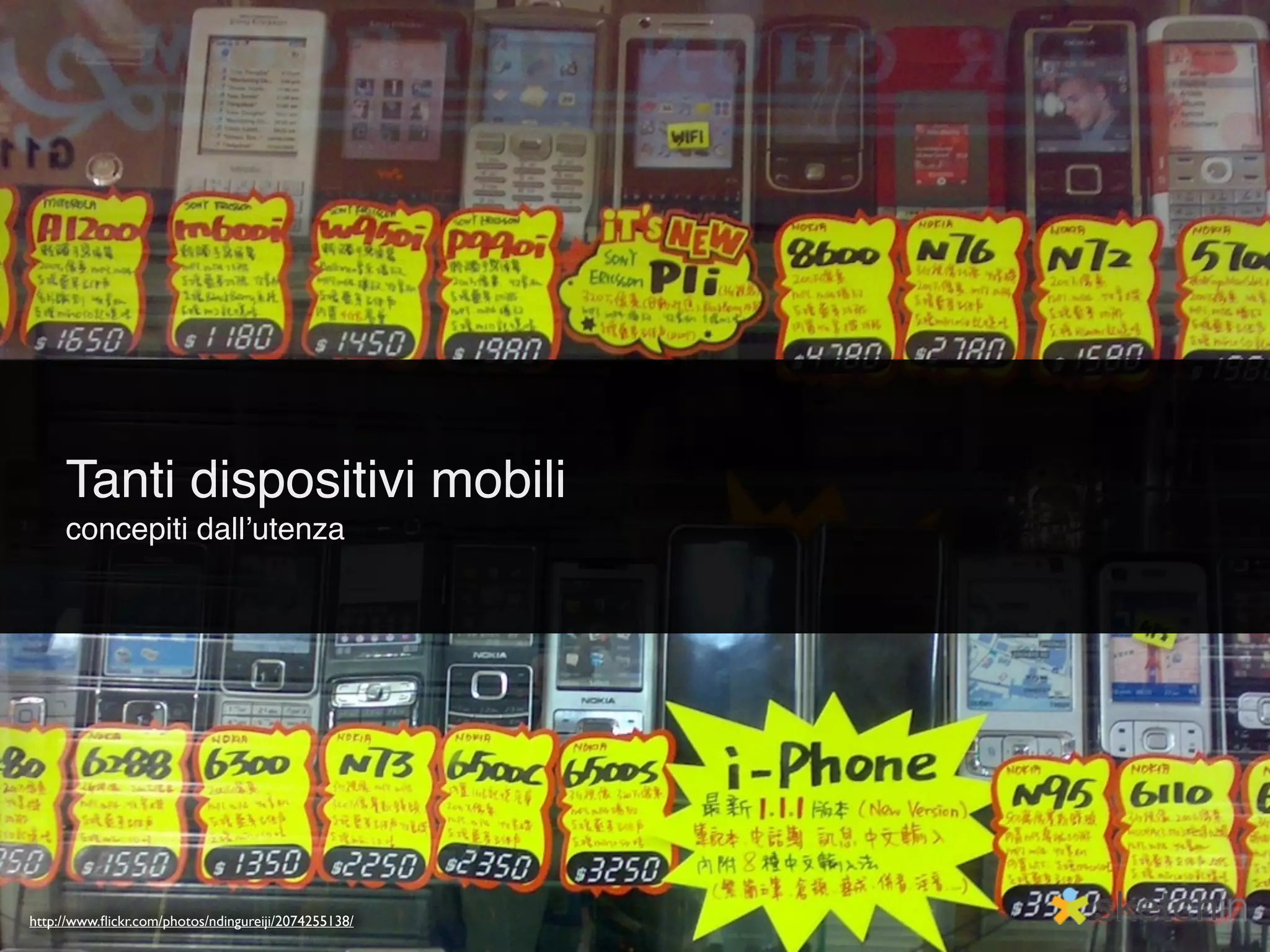 Tanti dispositivi mobili
     concepiti dallʼutenza




http://www.ﬂickr.com/photos/ndingureiji/2074255138/
 