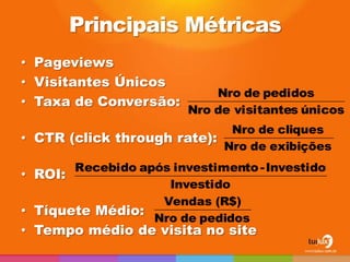 Principais Métricas
• Pageviews
• Visitantes Únicos
                            Nro de pedidos
• Taxa de Conversão:
                        Nro de visitantes únicos
                             Nro de cliques
• CTR (click through rate):
                            Nro de exibições
       Recebido após investimento - Investido
• ROI:
                    Investido
                   Vendas (R$)
• Tíquete Médio:
                  Nro de pedidos
• Tempo médio de visita no site
 