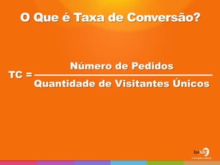O Que é Taxa de Conversão?


             Número de Pedidos
TC =
       Quantidade de Visitantes Únicos
 