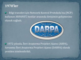 1970’lerARPANET, bilgisayar şebekesi olabileceğini kanıtladı. Her yıldaha çok devlet ve üniversite bilgisayarları bağlanabiliyordu.Fakat nüfusun geneli bundan muzdaripti. İnsanların çoğu,bilgisayarlar arasında bağlantı kurulabildiğinden habersizdi. ARPANET’i yapan ve tasarlayan Bolt, Beranek and Newman (BBN) şirketinden bilgisayar mühendisi Ray Tomlinson, ilk e-posta programını 1971 yılında yazdı. Aynı zamanda @ sembolünü ortaya çıkardı. 