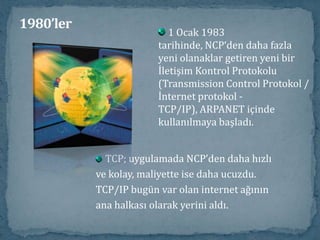 1980’lerPaylaşılan akademik kaynaklar, karşılıklı gönderilen e-mailler ve çeşitli konular için e-mail listeleri oluşturuldu. BITNET’in yapısı, depola-gönderşeklindeydi. Başarılı bir şekildealıcıya ulaşıncaya kadar mesajdepoda kalıyordu. Eğer aşırıyükleme olursa mesaj depodakalmaya devam ediyor.  İlk birkaç yıl BITNET’in maliyetinin çoğu IBM tarafından karşılandı. 
