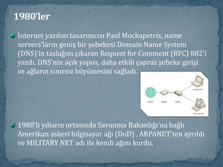 1980’ler1983 yılında IP numaraları, kelimelere dönüştürüldü. Budurum bir yandan daha uygun ve tamamlayıcı isimlerinadreslere verilmesini sağlarken bir yandan da internetindaha sıcak ve kolay giriş yapılabilir görünmesini sağladı. 