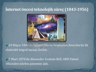 İnternet öncesi teknolojik süreç (1843-1956)24 Mayıs 1844’de Samuel Morse tarafından Amerika’da ilkelektrikli telgraf mesajı iletildi.7 Mart 1876’da Alexander Graham Bell, ABD PatentOfisinden telefon patentini aldı.