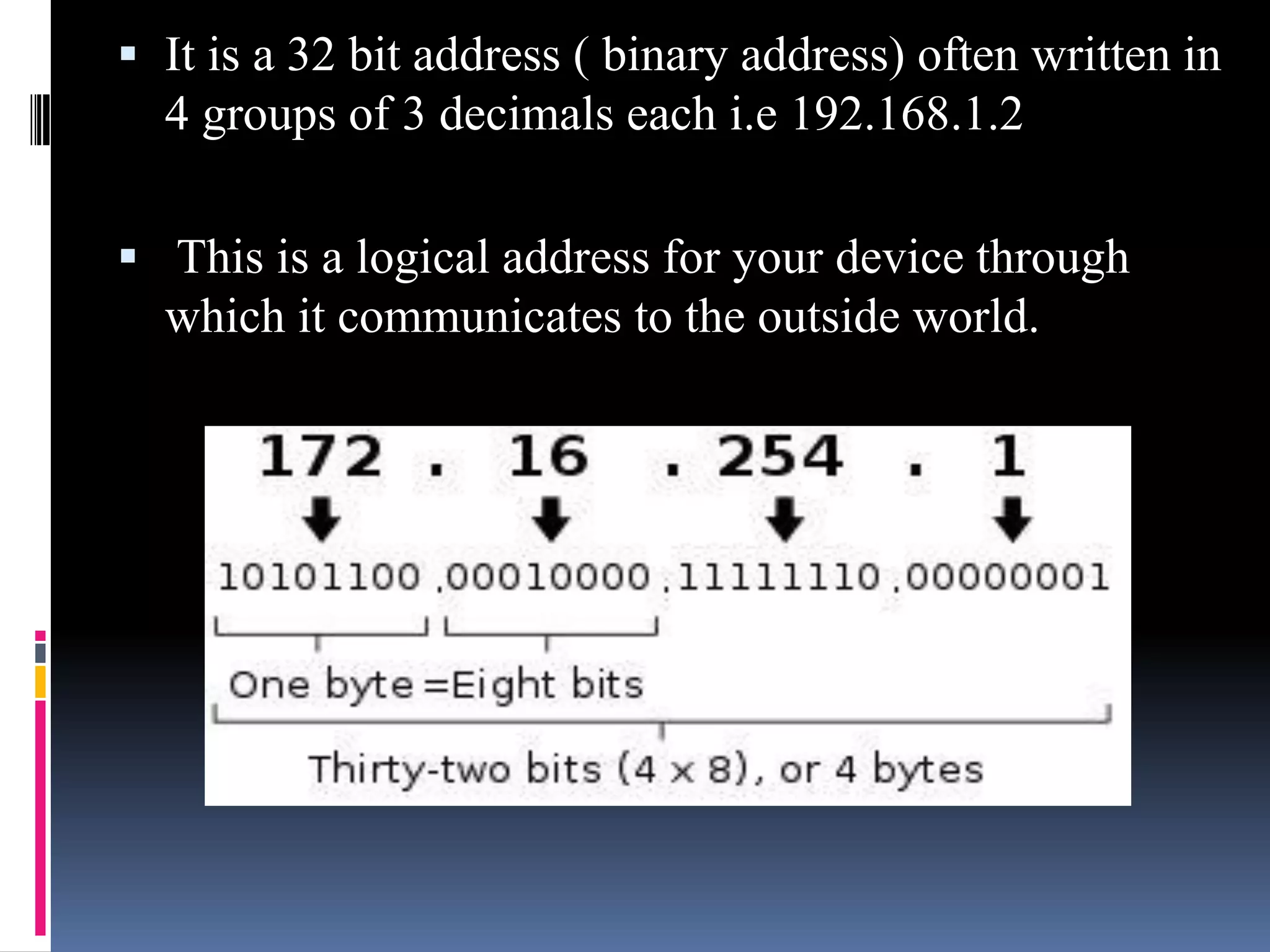 It is a 32 bit address ( binary address) often written in
4 groups of 3 decimals each i.e 192.168.1.2
 This is a logical address for your device through
which it communicates to the outside world.
 