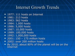 Internet Growth Trends












1977: 111 hosts on Internet
1981: 213 hosts
1983: 562 hosts
1984: 1,000 hosts
1986: 5,000 hosts
1987: 10,000 hosts
1989: 100,000 hosts
1992: 1,000,000 hosts
2001: 150 – 175 million hosts
2002: over 200 million hosts
By 2010, about 80% of the planet will be on the
Internet

 