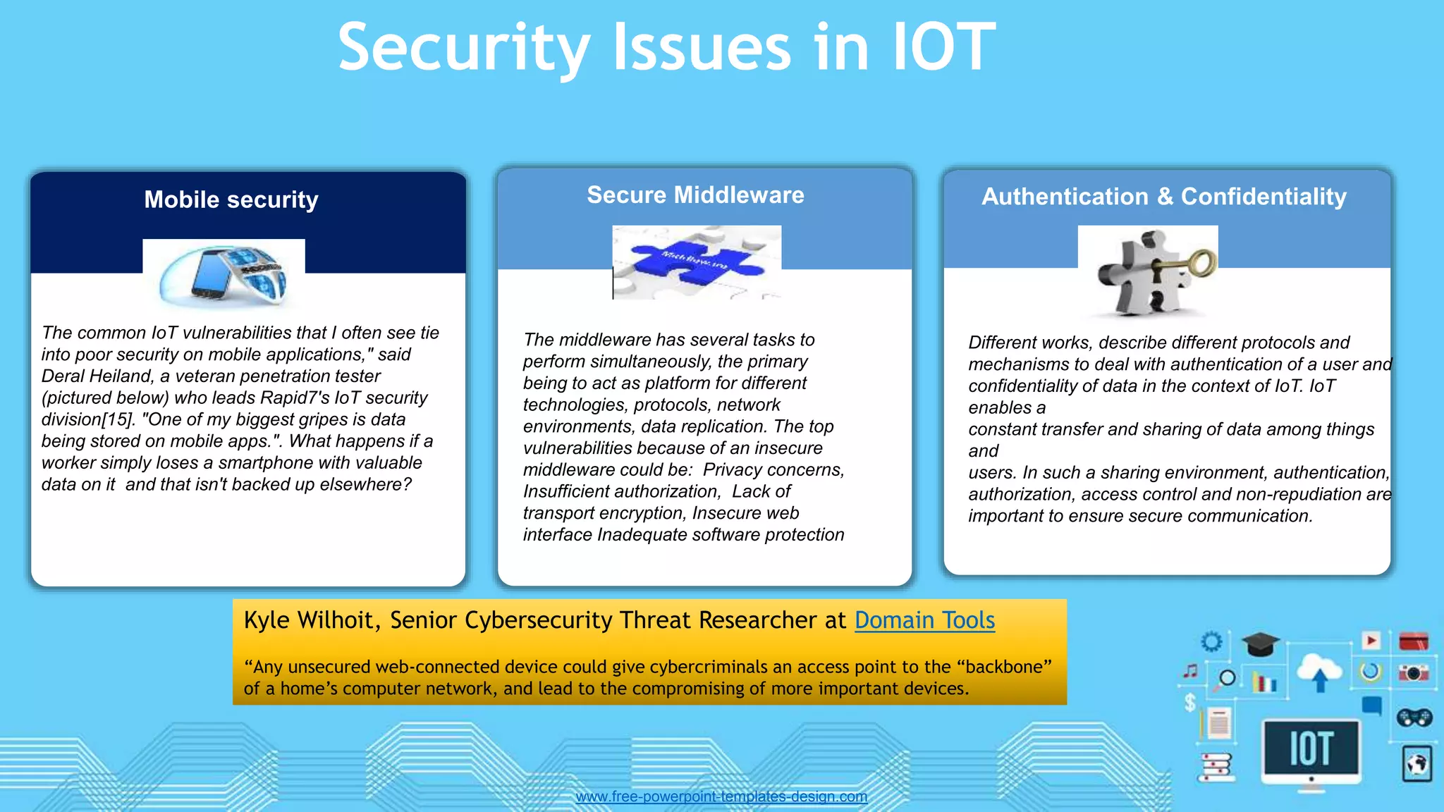Security Issues in IOT
www.free-powerpoint-templates-design.com
Mobile security
The common IoT vulnerabilities that I often see tie
into poor security on mobile applications," said
Deral Heiland, a veteran penetration tester
(pictured below) who leads Rapid7's IoT security
division[15]. "One of my biggest gripes is data
being stored on mobile apps.". What happens if a
worker simply loses a smartphone with valuable
data on it and that isn't backed up elsewhere?
Secure Middleware
The middleware has several tasks to
perform simultaneously, the primary
being to act as platform for different
technologies, protocols, network
environments, data replication. The top
vulnerabilities because of an insecure
middleware could be: Privacy concerns,
Insufficient authorization, Lack of
transport encryption, Insecure web
interface Inadequate software protection
Authentication & Confidentiality
Different works, describe different protocols and
mechanisms to deal with authentication of a user and
confidentiality of data in the context of IoT. IoT
enables a
constant transfer and sharing of data among things
and
users. In such a sharing environment, authentication,
authorization, access control and non-repudiation are
important to ensure secure communication.
Kyle Wilhoit, Senior Cybersecurity Threat Researcher at Domain Tools
“Any unsecured web-connected device could give cybercriminals an access point to the “backbone”
of a home’s computer network, and lead to the compromising of more important devices.
 