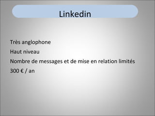 Très anglophone Haut niveau Nombre de messages et de mise en relation limités 300 € / an Linkedin 