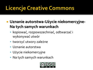 Licencje Creative CommonsUznanie autorstwa-Użycie niekomercyjne-Na tych samych warunkachkopiować, rozpowszechniać, odtwarzać i wykonywać utwórtworzyć utwory zależneUznanie autorstwaUżycie niekomercyjneNa tych samych warunkach