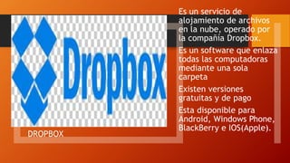 DROPBOX
Es un servicio de
alojamiento de archivos
en la nube, operado por
la compañía Dropbox.
Es un software que enlaza
todas las computadoras
mediante una sola
carpeta
Existen versiones
gratuitas y de pago
Esta disponible para
Android, Windows Phone,
BlackBerry e IOS(Apple).
 