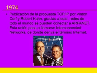 1974
• Publicación de la propuesta TCP/IP por Vinton
Cerf y Robert Kahn, gracias a esto, redes de
todo el mundo se pueden conectar a ARPANET.
Esta unión pasa a llamarse Interconnected
Networks, de donde deriva el término Internet.
 