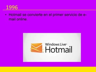 1996
• Hotmail se convierte en el primer servicio de e-
mail online.
 