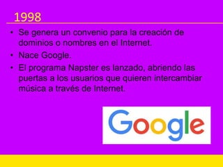 1998
• Se genera un convenio para la creación de
dominios o nombres en el Internet.
• Nace Google.
• El programa Napster es lanzado, abriendo las
puertas a los usuarios que quieren intercambiar
música a través de Internet.
 