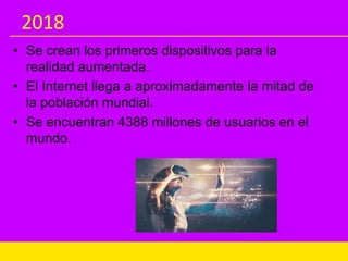 2018
• Se crean los primeros dispositivos para la
realidad aumentada.
• El Internet llega a aproximadamente la mitad de
la población mundial.
• Se encuentran 4388 millones de usuarios en el
mundo.
 