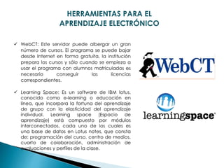 HERRAMIENTAS PARA EL
APRENDIZAJE ELECTRÓNICO
 WebCT: Este servidor puede albergar un gran
número de cursos. El programa se puede bajar
desde Internet en forma gratuita, la institución
prepara los cursos y sólo cuando se empieza a
usar el programa con alumnos matriculados es
necesario conseguir las licencias
correspondientes.
 Learning Space: Es un software de IBM lotus,
conocido como e-learning o educación en
línea, que incorpora la fortuna del aprendizaje
de grupo con la elasticidad del aprendizaje
individual. Learning space (Espacio de
aprendizaje) está compuesto por módulos
interconectados, cada uno de los cuales es
una base de datos en Lotus notes, que consta
de: programación del curso, centro de medios,
cuarto de colaboración, administración de
evaluaciones y perfiles de la clase.
 
