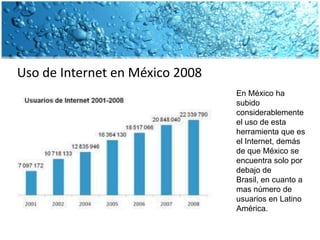 Uso de Internet en México 2008En México ha subido considerablemente el uso de esta herramienta que es el Internet, demás de que México se encuentra solo por debajo de Brasil, en cuanto a mas número de usuarios en Latino América. 