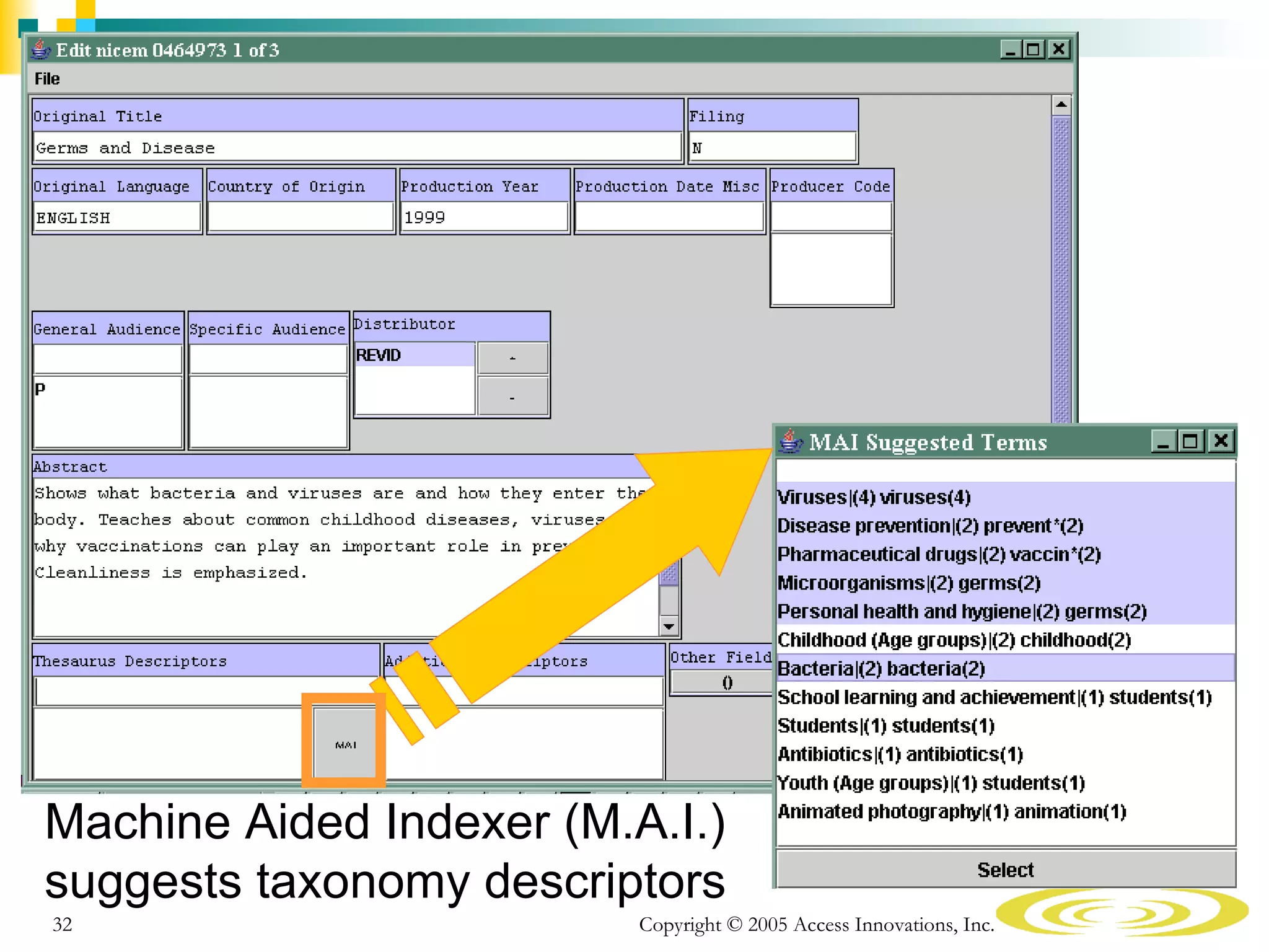 Machine Aided Indexer (M.A.I.)
suggests taxonomy descriptors
32                        Copyright © 2005 Access Innovations, Inc.
 