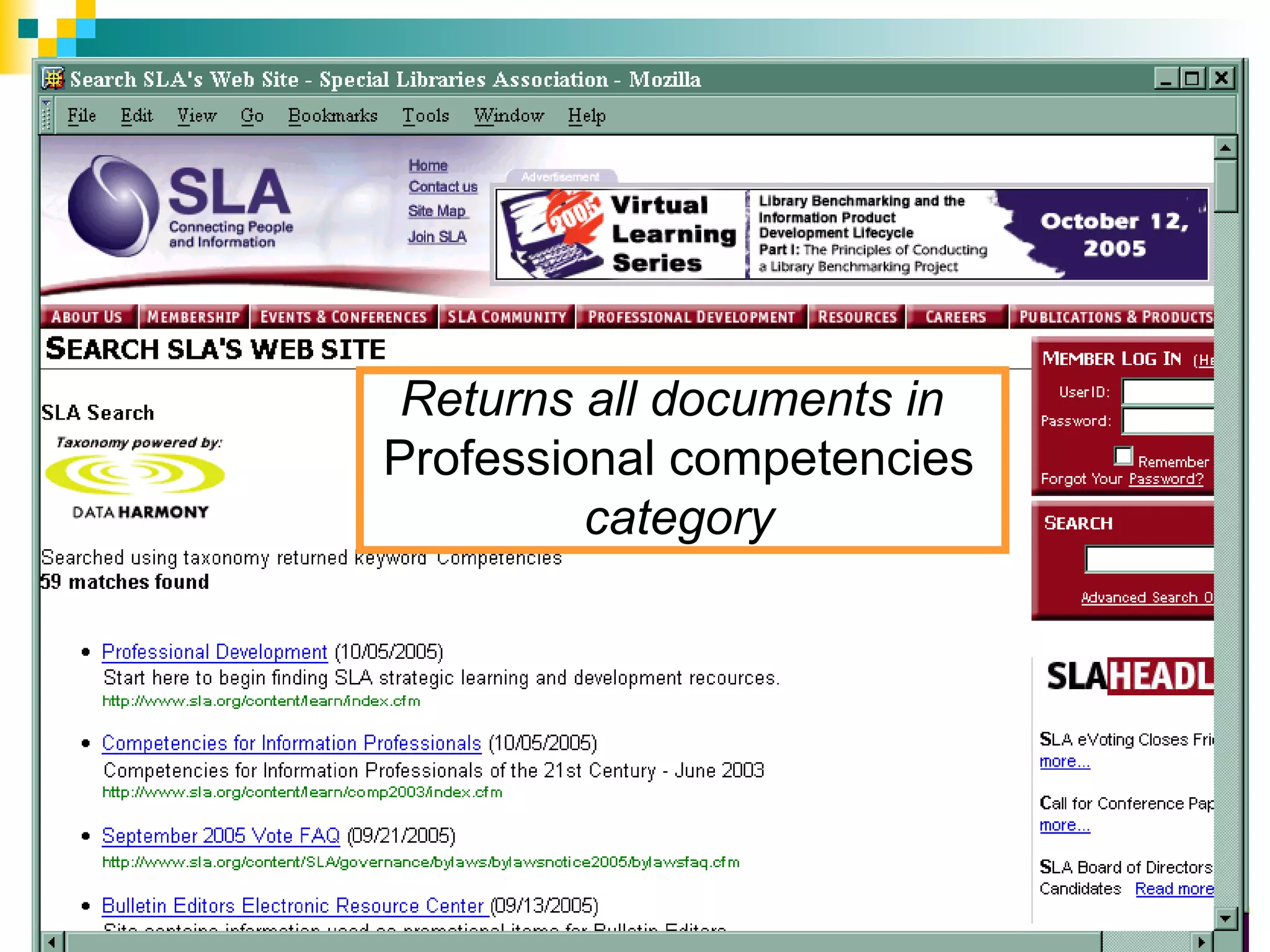 Returns all documents in
     Professional competencies
              category




50             Copyright © 2005 Access Innovations, Inc.
 
