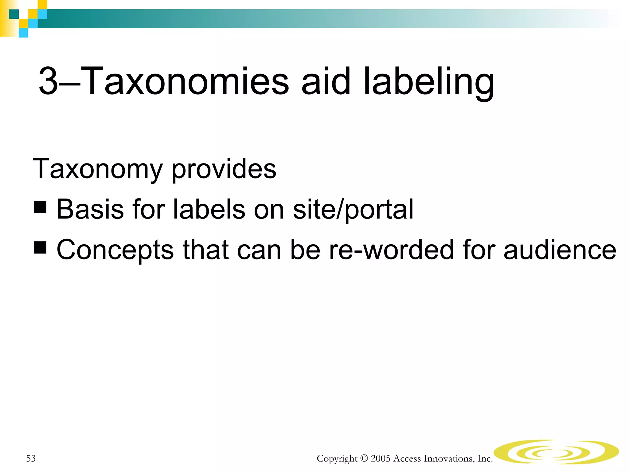 3–Taxonomies aid labeling

 Taxonomy provides
  Basis for labels on site/portal
  Concepts that can be re-worded for audience




53                    Copyright © 2005 Access Innovations, Inc.
 