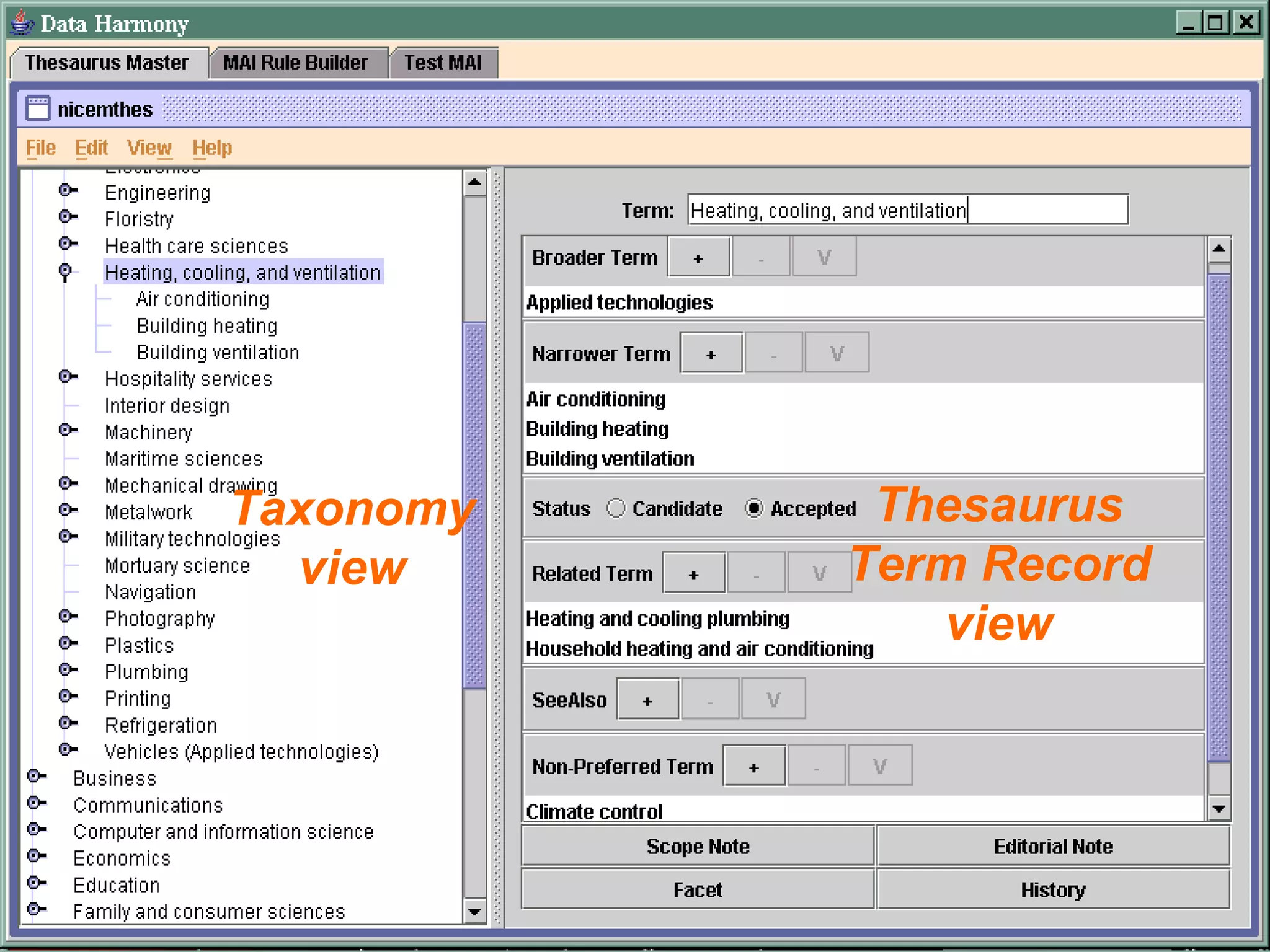 Taxonomy                           Thesaurus
      view                            Term Record
                                         view




8              Copyright © 2005 Access Innovations, Inc.
 