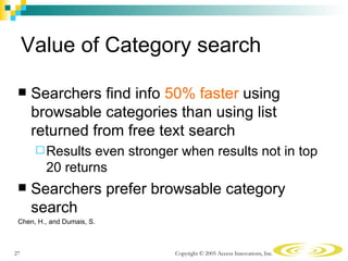 Value of Category search

     Searchers find info 50% faster using
      browsable categories than using list
      retu...