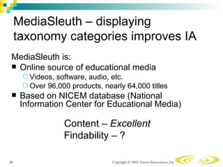 MediaSleuth – displaying
     taxonomy categories improves IA
 MediaSleuth is:
  Online source of educational media
     ...