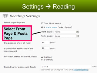 Settings    Reading Select Front Page & Posts Page 