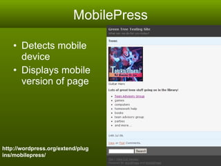 MobilePress Detects mobile device  Displays mobile version of page http://wordpress.org/extend/plugins/mobilepress/ 