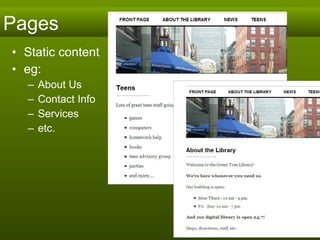Pages Static content eg:  About Us Contact Info Services etc.  
