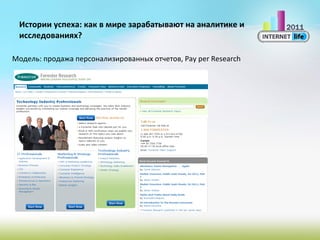 Истории успеха: как в мире зарабатывают на аналитике и исследованиях? Модель:   продажа персонализированных отчетов,  Pay per Research 