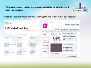 Истории успеха: как в мире зарабатывают на аналитике и исследованиях? Модель:   продажа маркетинговых исследований/трекинг,  Pay per Research 