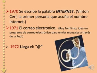 1970 Se escribe la palabra INTERNET. (Vinton
 Cerf, la primer persona que acuña el nombre
 Internet.)
1971 El correo electrónico.. (Ray Tomlinso, idea un
    programa de correo electrónico para enviar mensajes a través
    de la Red.)


   1972 Llega el: “@”
 