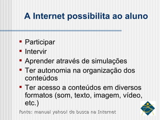 A Internet possibilita ao aluno Participar Intervir Aprender através de simulações Ter autonomia na organização dos conteúdos Ter acesso a conteúdos em diversos formatos (som, texto, imagem, vídeo, etc.) fonte: manual yahoo! de busca na Internet 