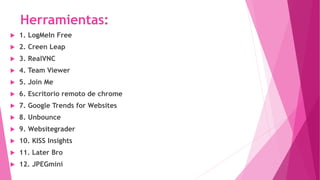 Herramientas:
 1. LogMeIn Free
 2. Creen Leap
 3. RealVNC
 4. Team Viewer
 5. Join Me
 6. Escritorio remoto de chrome
 7. Google Trends for Websites
 8. Unbounce
 9. Websitegrader
 10. KISS Insights
 11. Later Bro
 12. JPEGmini
 