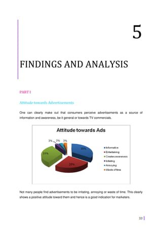33
5
FINDINGS AND ANALYSIS
PART I
Attitude towards Advertisements
One can clearly make out that consumers perceive advertisements as a source of
information and awareness, be it general or towards TV commercials.
Not many people find advertisements to be irritating, annoying or waste of time. This clearly
shows a positive attitude toward them and hence is a good indication for marketers.
 