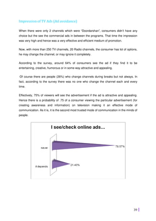39
Impression of TV Ads (Ad avoidance)
When there were only 2 channels which were “Doordarshan”, consumers didn’t have any
choice but the see the commercial ads in between the programs. That time the impression
was very high and hence was a very effective and efficient medium of promotion.
Now, with more than 250 TV channels, 20 Radio channels, the consumer has lot of options,
he may change the channel, or may ignore it completely.
According to the survey, around 64% of consumers see the ad if they find it to be
entertaining, creative, humorous or in some way attractive and appealing.
Of course there are people (26%) who change channels during breaks but not always. In
fact, according to the survey there was no one who change the channel each and every
time.
Effectively, 75% of viewers will see the advertisement if the ad is attractive and appealing.
Hence there is a probability of .75 of a consumer viewing the particular advertisement (for
creating awareness and information) on television making it an effective mode of
communication. As it is, it is the second most trusted mode of communication in the minds of
people.
 