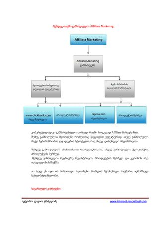 შემდეგ თავში განხილულია Affiliate Marketing




     კონკრეტულად კი განმარტებულია პირველ რიგში ზოგადად Affiliate მარკეტინგი,
     შემეგ განხილულია მეთოდები რომლითაც გავყიდით ეფექტურად, ასევე განხილული
     მაქვს ჩემი ნაშრომის გაყიდვების სტრატეგია, რაც ასევე ღირებული ინფორმაციაა.


     შემდეგ განხილულია clickbank.com-ზე რეგისტრაცია, ასევე განხილულია ქლიქბანქზე
     პროდუქტის შერჩევა.
      შემდეგ განხიულია რეგნაუზე რეგისტრაცია, პროდუქტის შერჩევა და კუპონის ანუ
     ფასდაკლების შექმნა.


     აი სულ ეს იყო ის ძირითადი საკითხები რომლის შესახებაცაა საუბარი, აღნიშნულ
     სახელმძღვანელოში.



     სავარაუდო კითხვები:
               კითხვები:



ავტორი: დავით გრძელიძე
 ვტორი: დავით                                              www.internet-marketingi.com
 